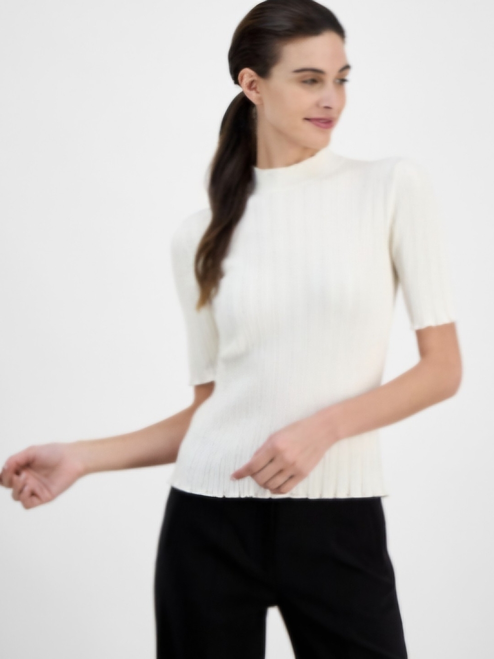 Anne Klein Cream Ribbed Short-Sleeve Mock Neck Top